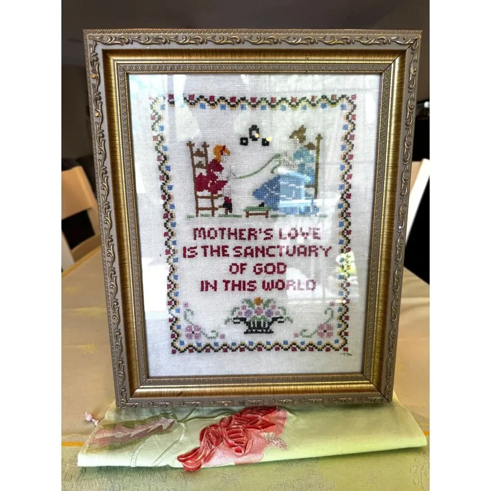 Vintage framed 1936 Cross stitch/Needle Point Mother's Love
